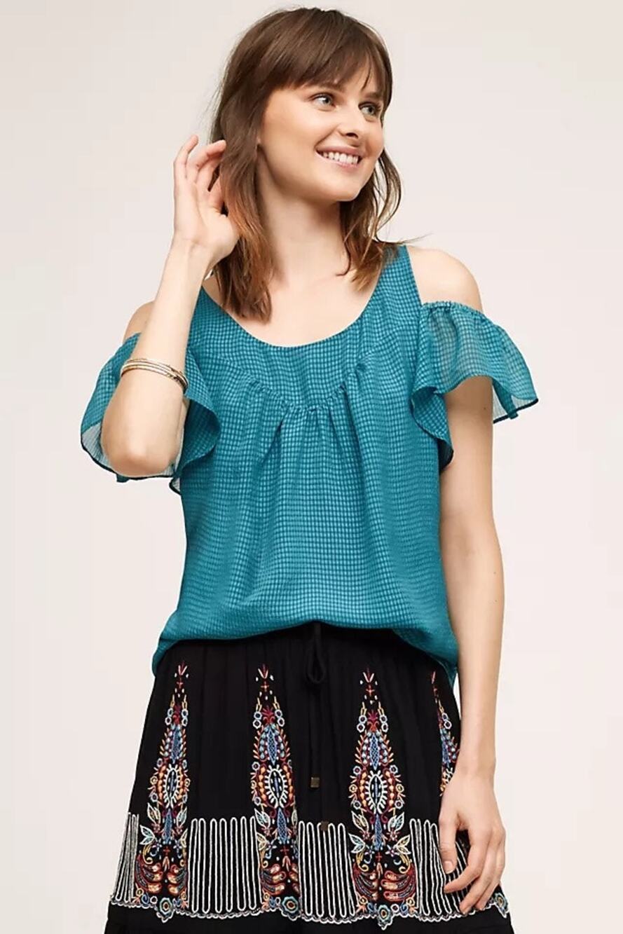 Anthropologie Maeve Tavin Gingham Open Shoulder Top Size 2 Teal Blue Lightweight